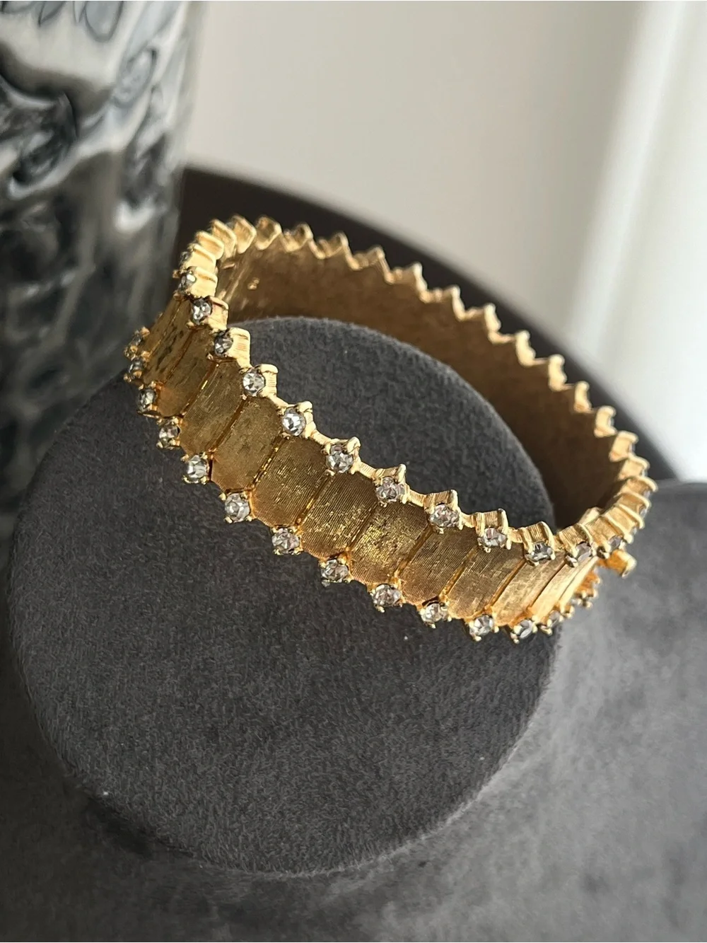 Vintage Joseph Mazer 40s Jomaz Rhinestone Tip Brushed Gold Cuff Bangle Bracele